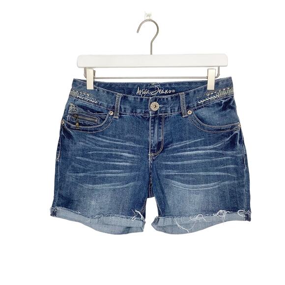 Ariya Jeans Embroidered Embellished Denim Shorts Raw Hem Cuffed 9/10 - Picture 1 of 4